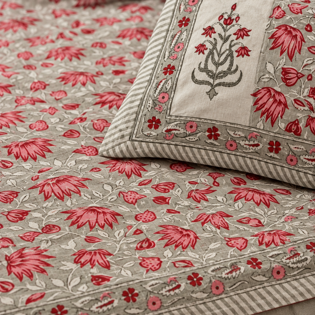 Parag - Grey and Red Hand Block Look Cotton Bedsheet | King Size