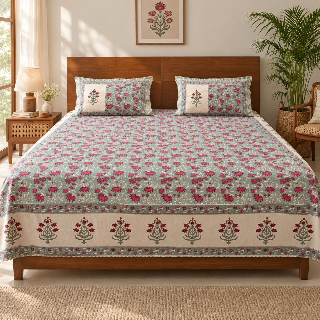 Parag - Pink and Blue Hand Block Look Cotton Bedsheet | King Size