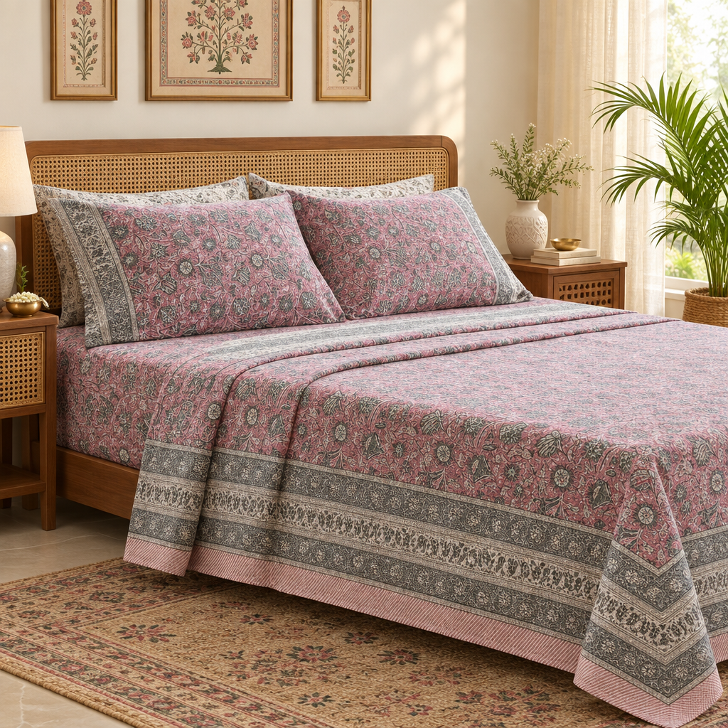 Roopam Pink and Grey cotton bedsheet