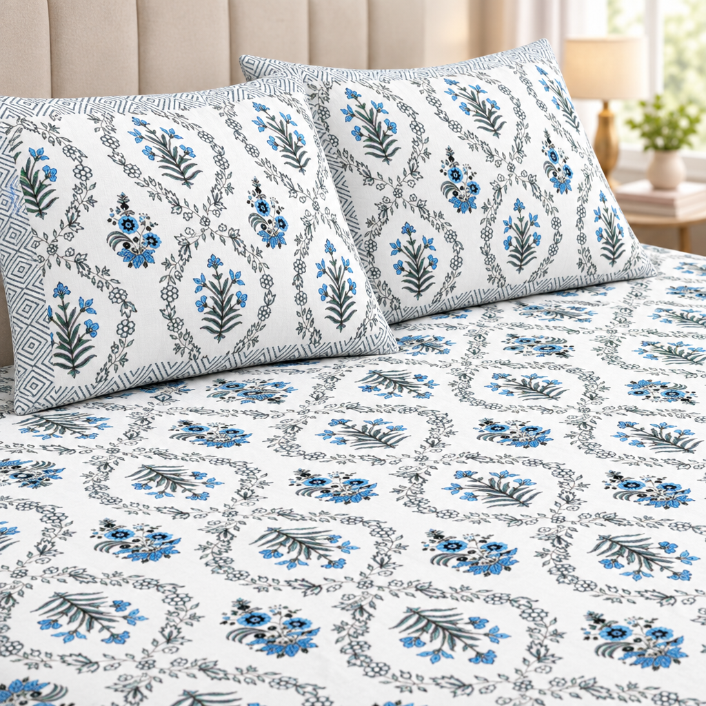 Bichona Blue Floral cotton bedsheet, view 3