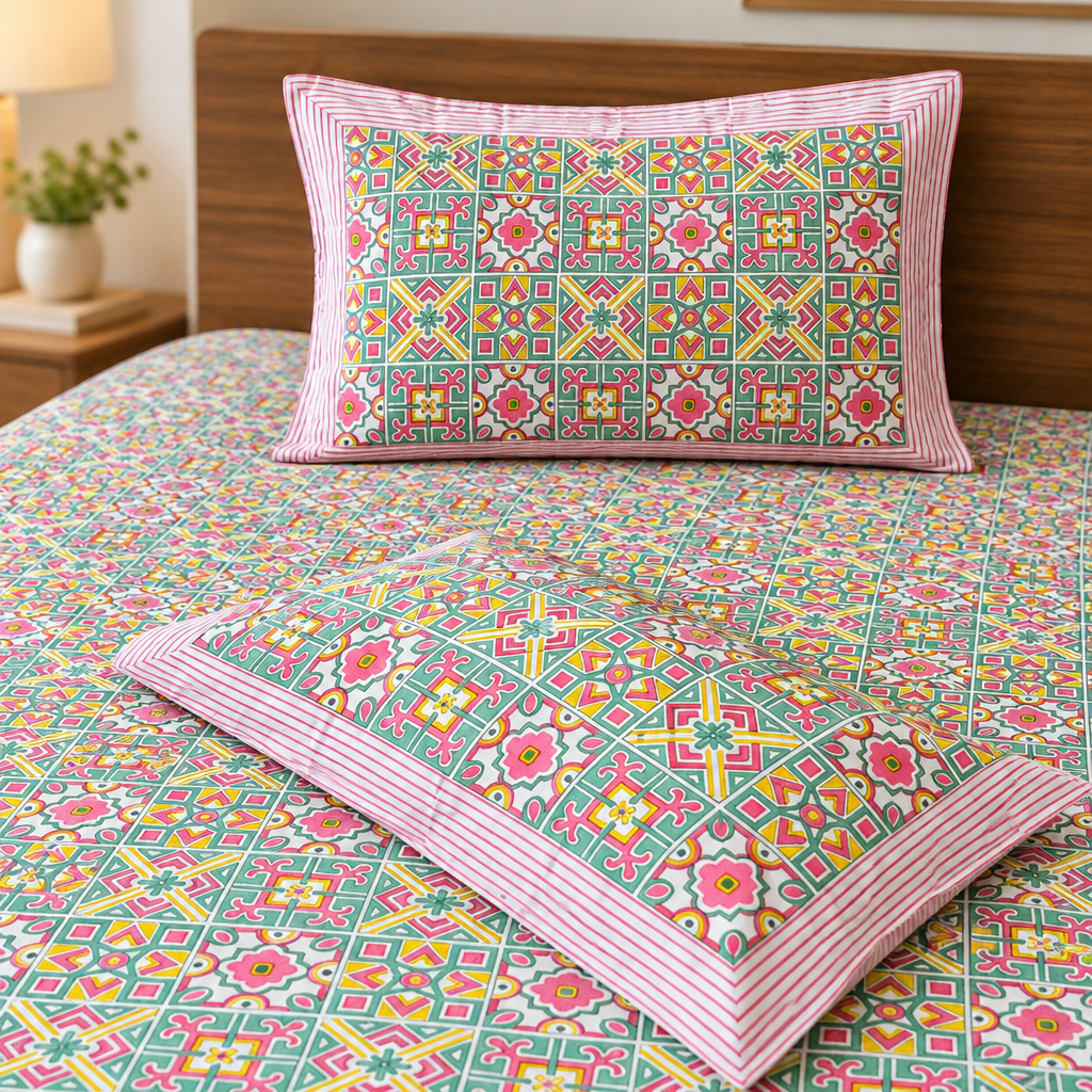 Tyohar - Multi Color| Percale Cotton |Hand Block Bedsheet