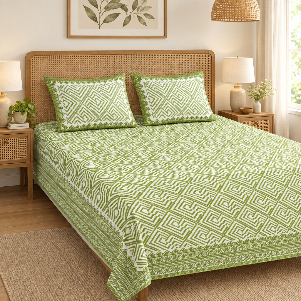 Jaamiti Green and White cotton bedsheet, view 2