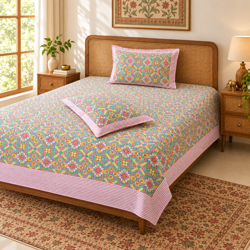 Tyohar - Multi Color| Percale Cotton |Hand Block Bedsheet