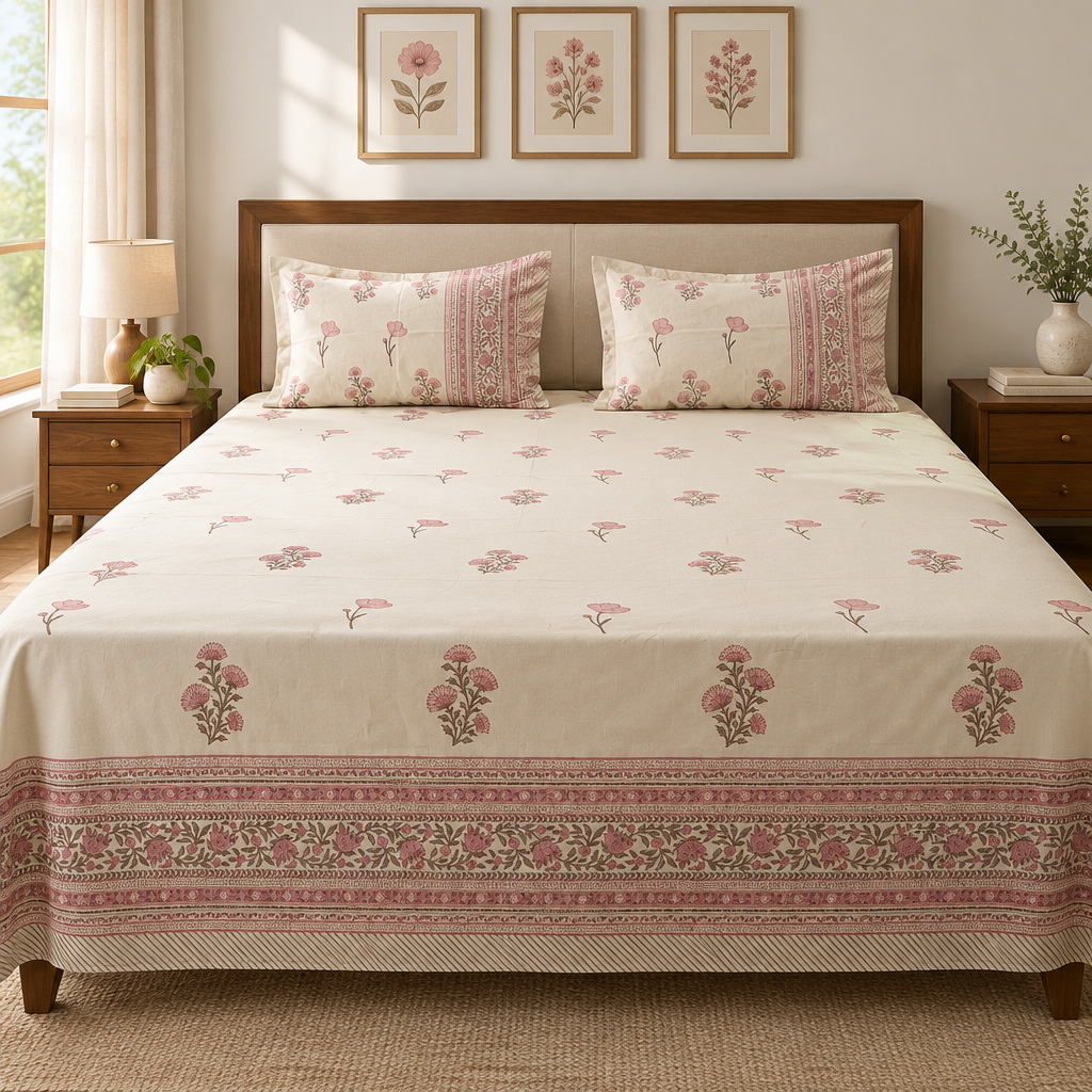 Kala - Pink | Percale Cotton Bedsheet | 400Tc | Hand Block