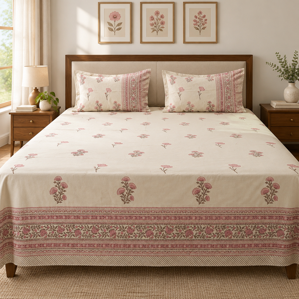 Kala - Pink | Hand Block Percale Cotton Bedsheet (400 TC) | Super King