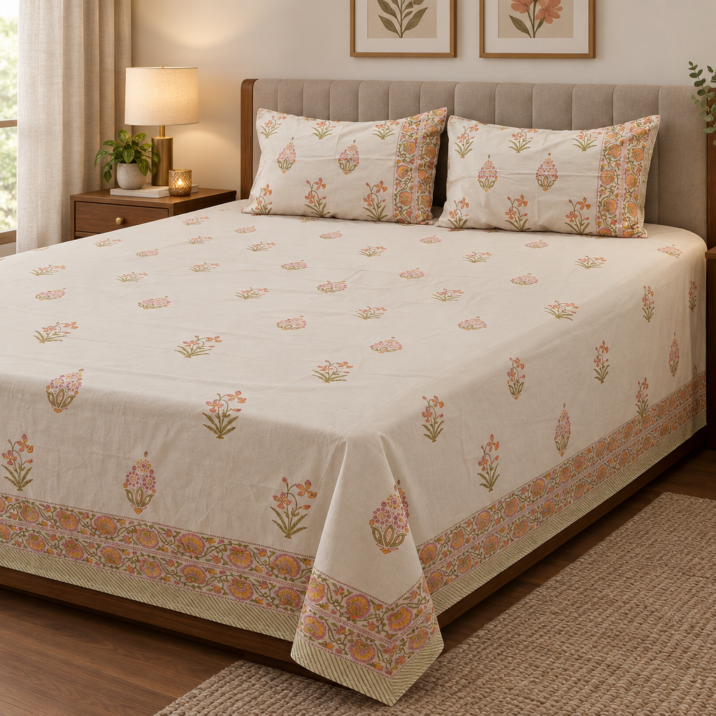Sur- cream and orange | parcel cotton 400Tc | Hand Block