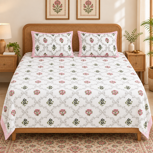Savera -Pink |Everyday100%cotton Bedsheet Set |k Print | Super King