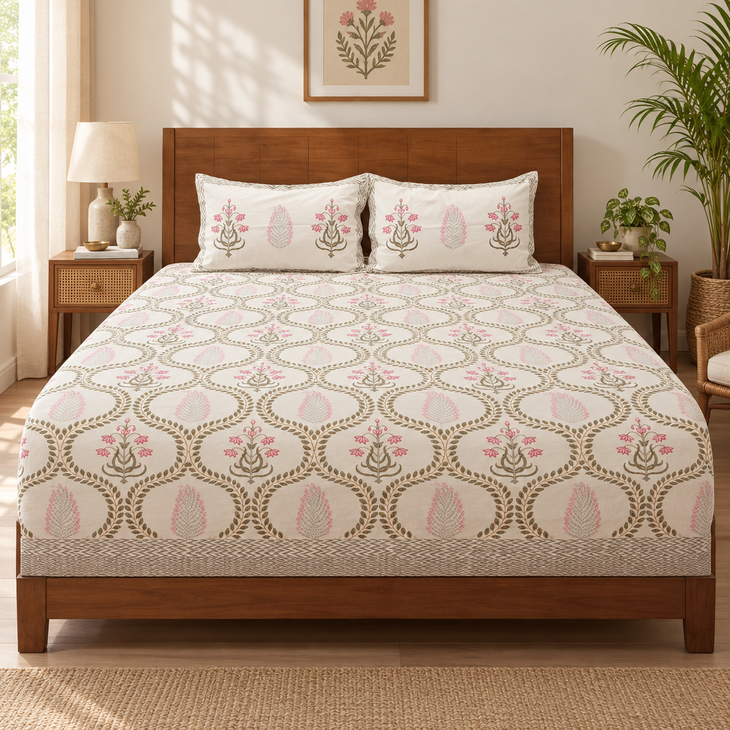 Suhani - Green and Pink Hand Block Look Cotton Bedsheet | King Size