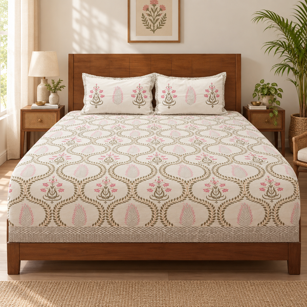 Suhani - Green and Pink | Hand Block Look Cotton Bedsheet | King