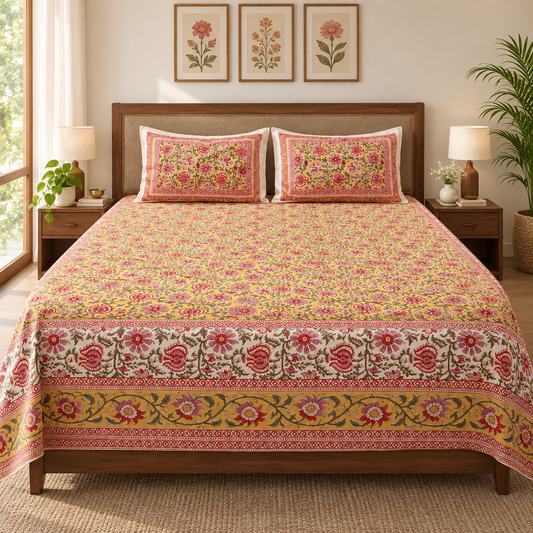 Raag -yellow |Discharge Print Bedsheet | Super King Size