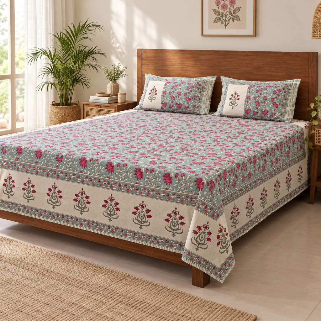 Parag - Pink and Blue Hand Block Look Cotton Bedsheet | King Size