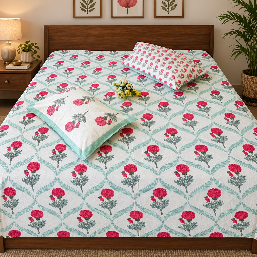 Utsav Pink and Sage Blue cotton bedsheet