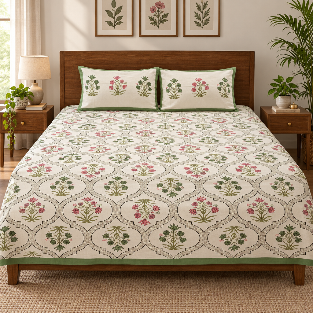 Abhilasha -Pink and Green |Everyday 100%Cotton | King Size Bedsheet