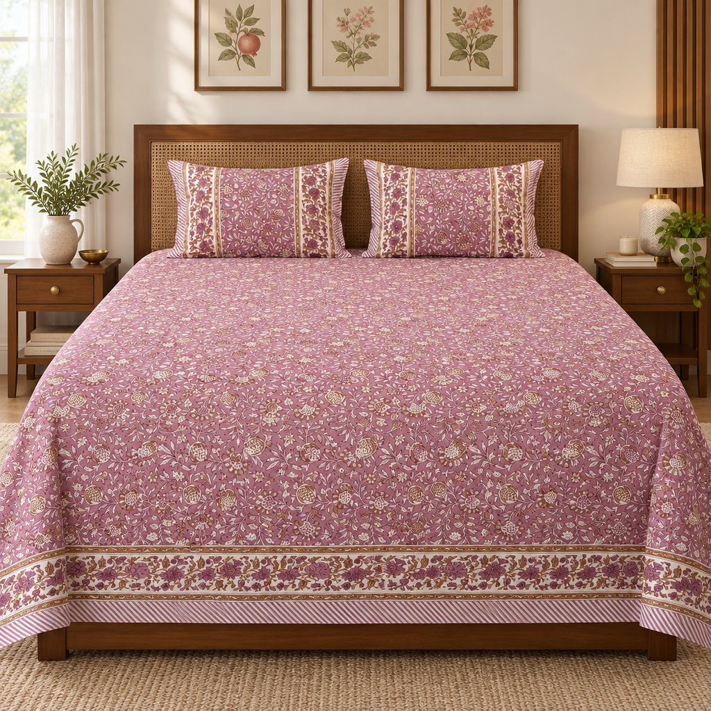 Aanar - Pink | Everyday 100%Cotton |King Size Bedsheet