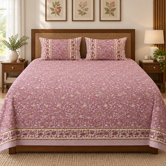 Anaar - Pink | Everyday 100%Cotton |King Size Bedsheet