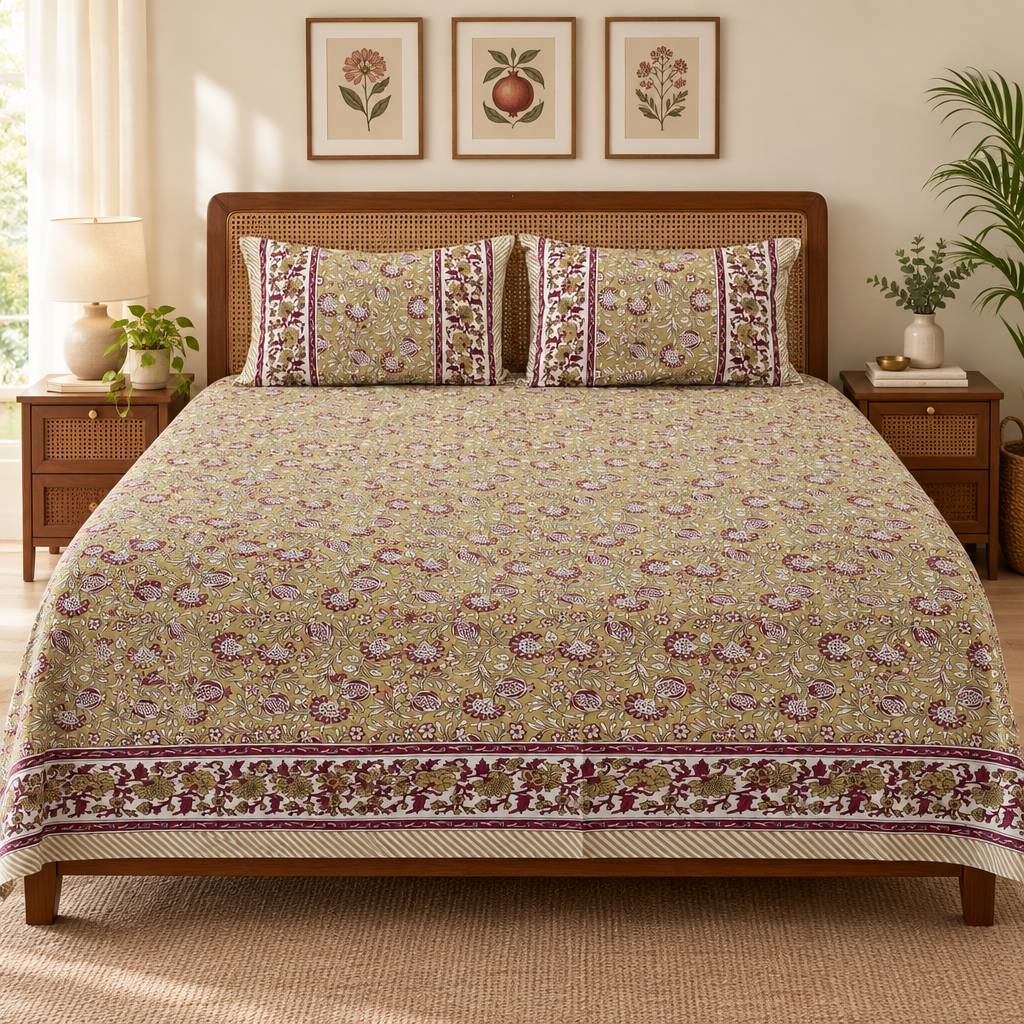 Aanar -Olive Green |Everyday 100%Cotton |KIng Size Bedsheet