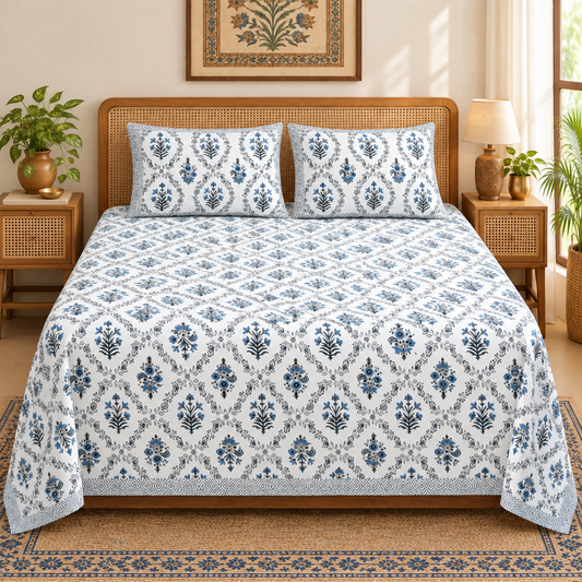 Bichona Blue Floral Block Print Bedsheet – Super King Size
