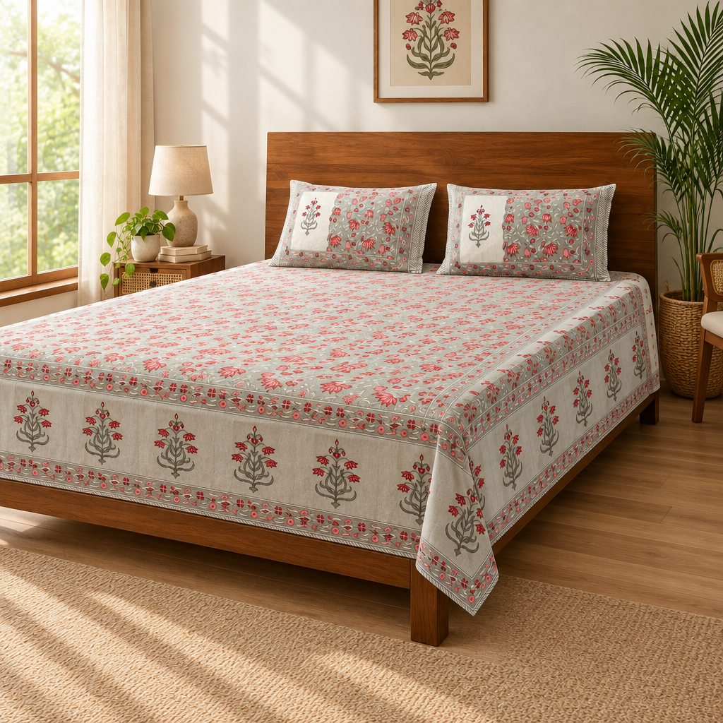 Parag - Grey and Red Hand Block Look Cotton Bedsheet | King Size