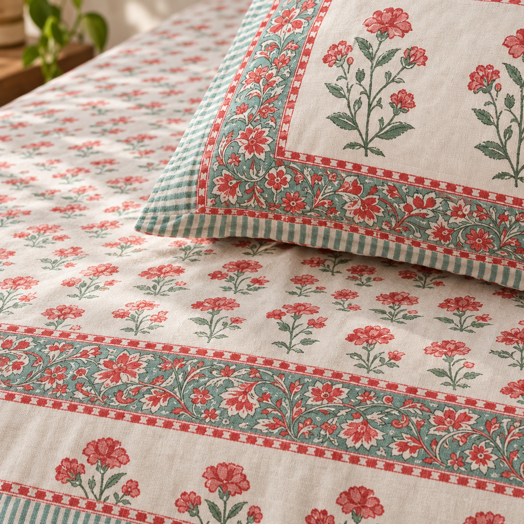 Gulzaar - Pink | Hand Block Look Cotton Bedsheet | King Size