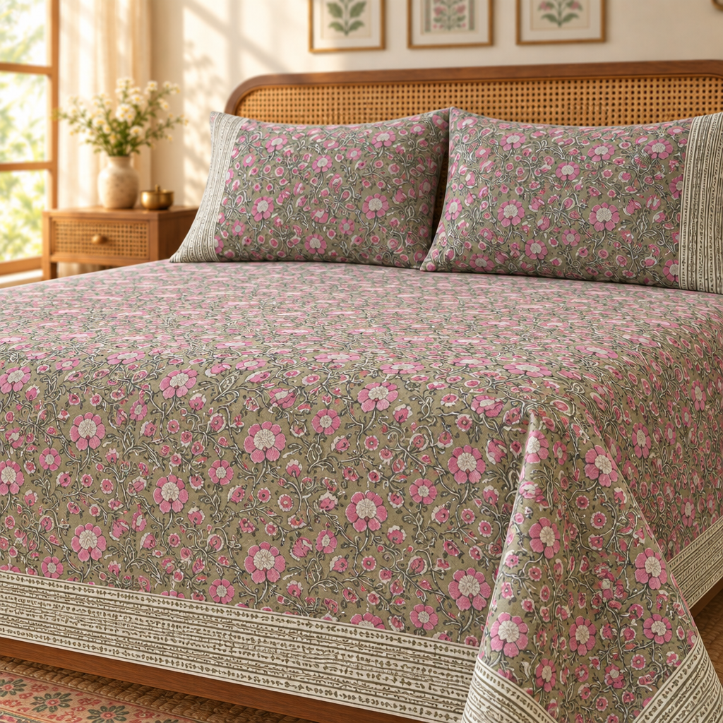 Pushanjali Olive Green and Pink cotton bedsheet, view 3