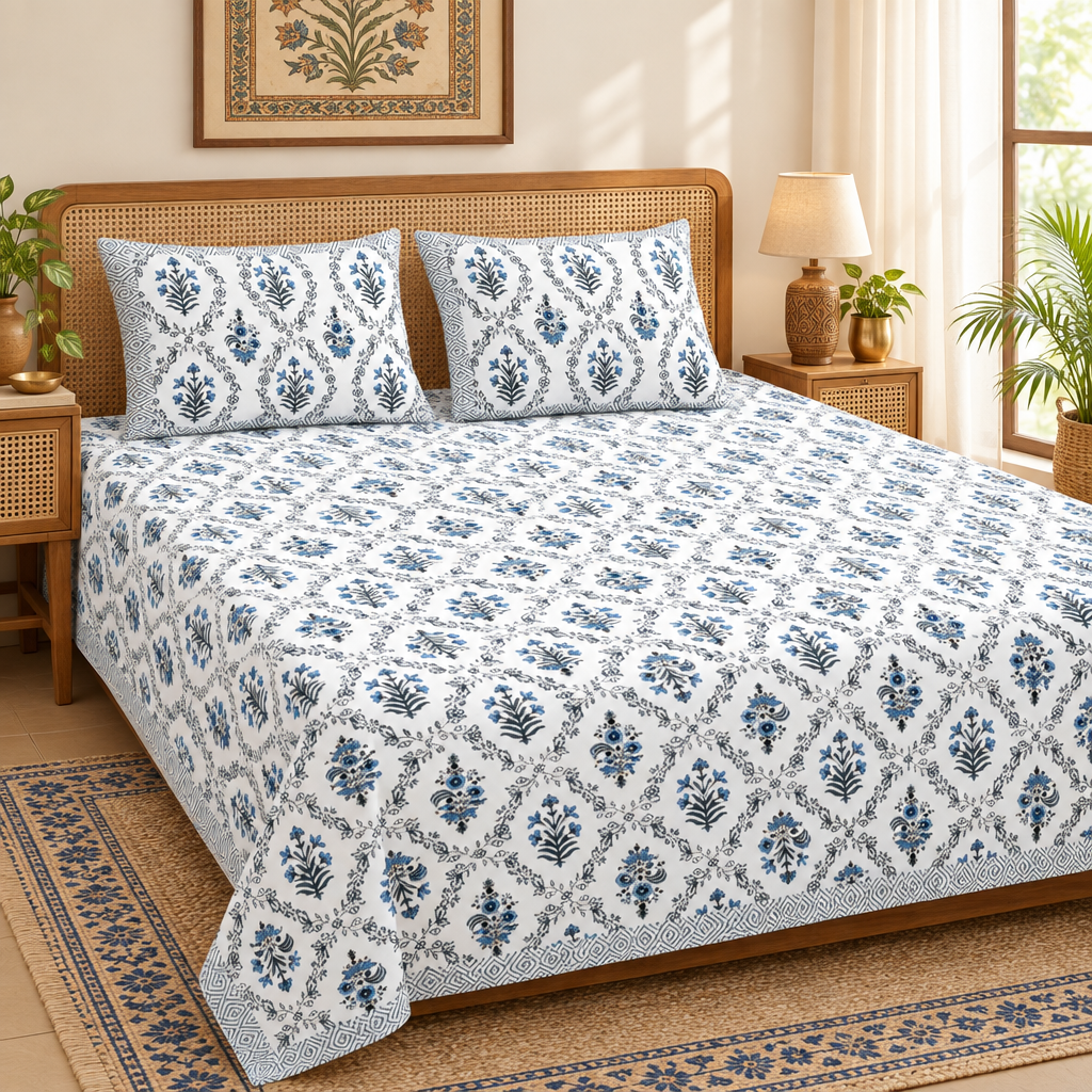Bichona Blue Floral cotton bedsheet, view 2