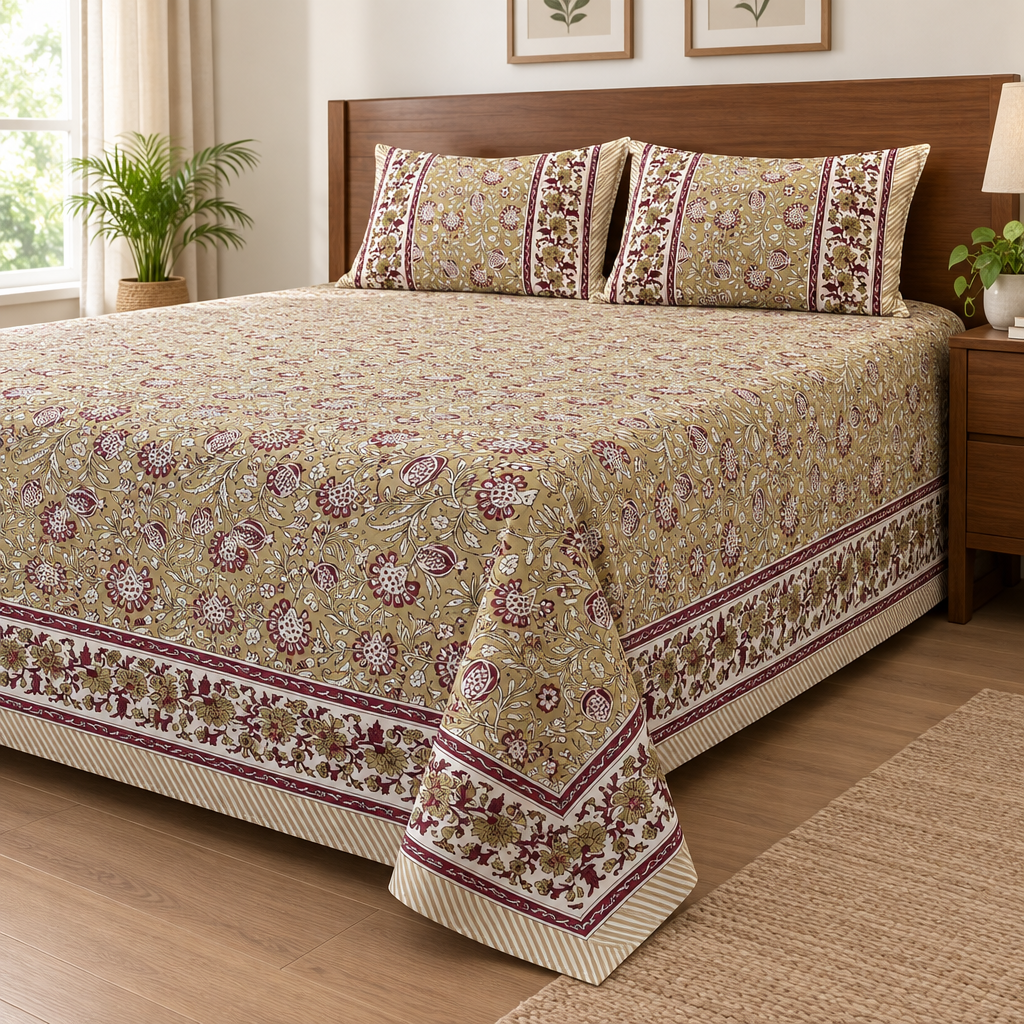 Aanar -Olive Green |Everyday 100%Cotton |KIng Size Bedsheet