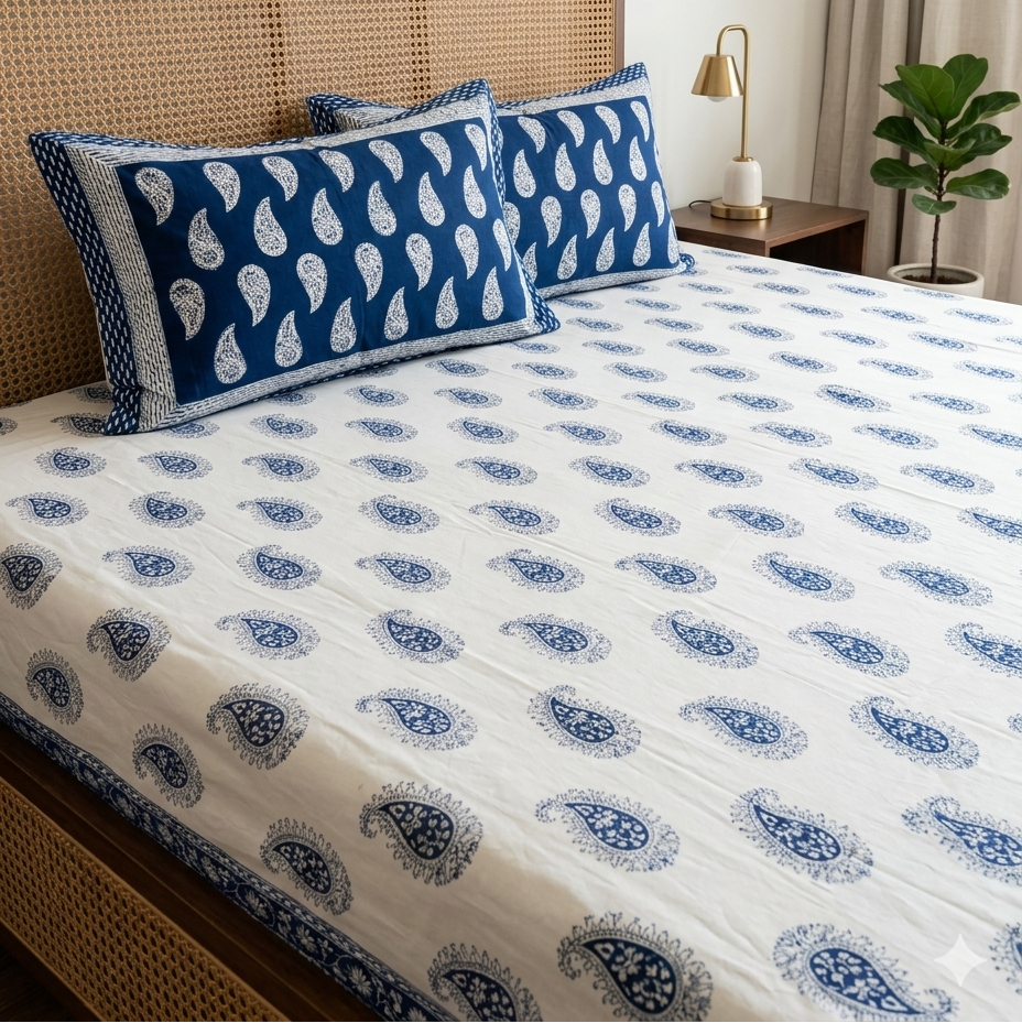 Bed with blue and white paisley patterned bedding and pillows.