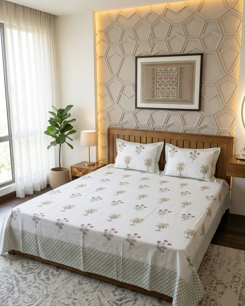 Ivory white Arka Luxe Cotton bedsheet featuring mustard yellow palm motifs, dusty rose florals, and sage green accents