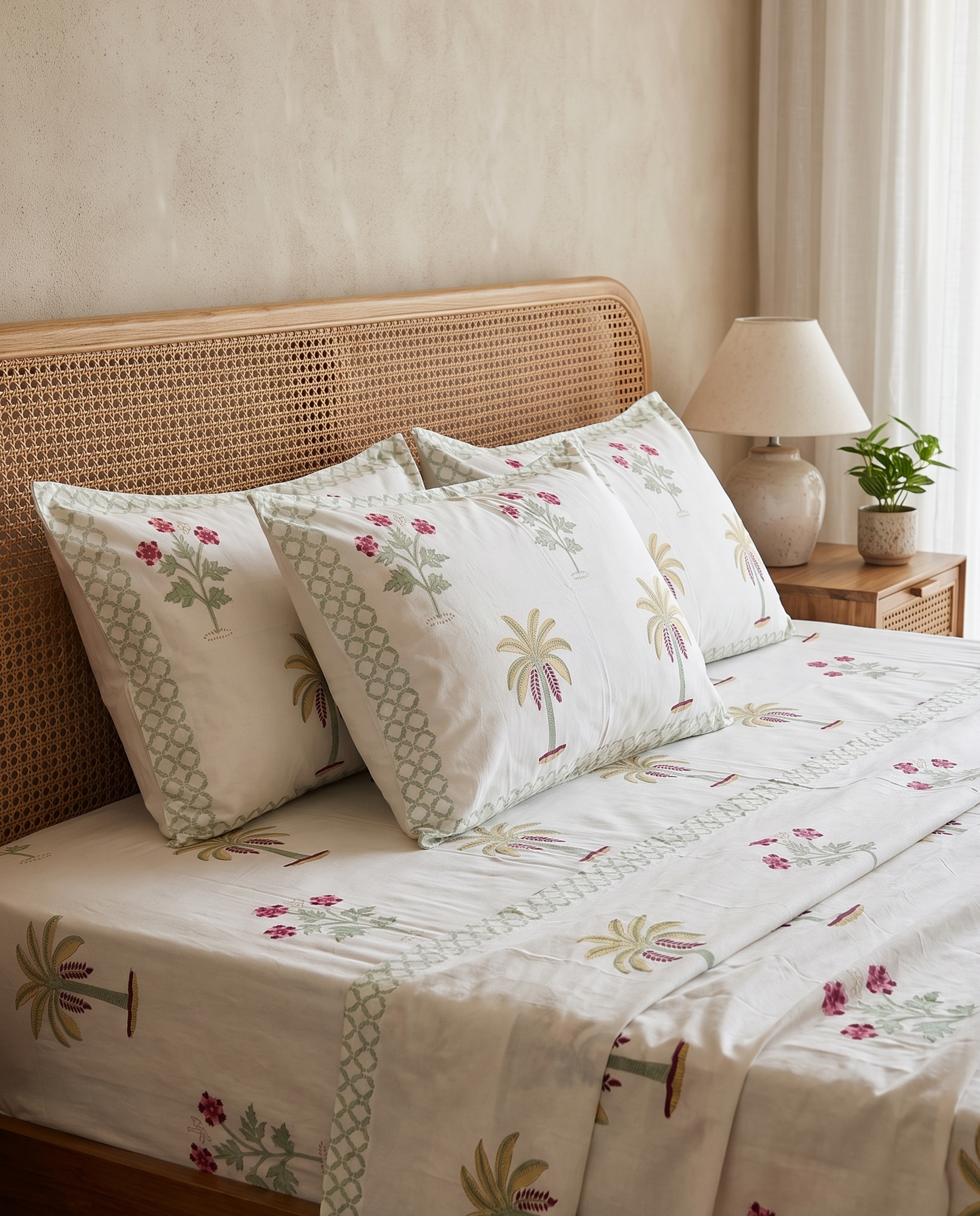 Basant Arka Luxe Cotton Super King bedsheet with palm tree and floral motifs styled on a wooden bed