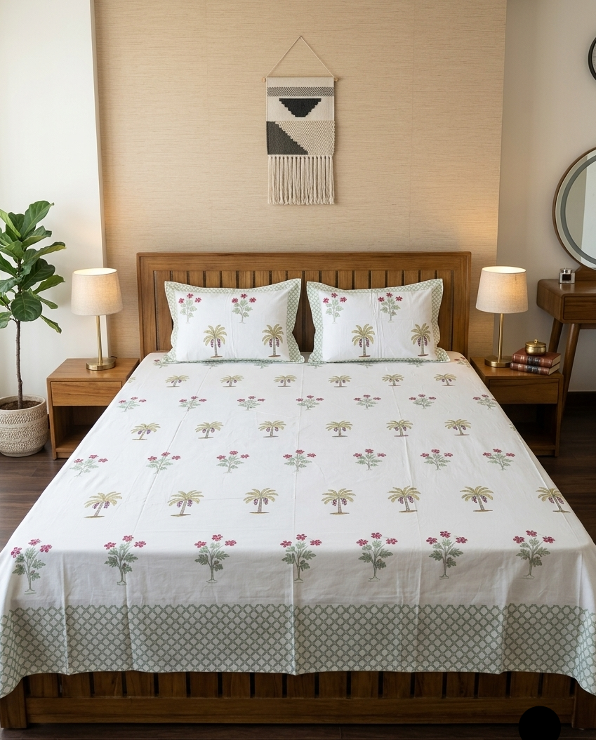 Basant Super King Arka Luxe Cotton bedsheet with mustard yellow palm tree and floral handblock-inspired print