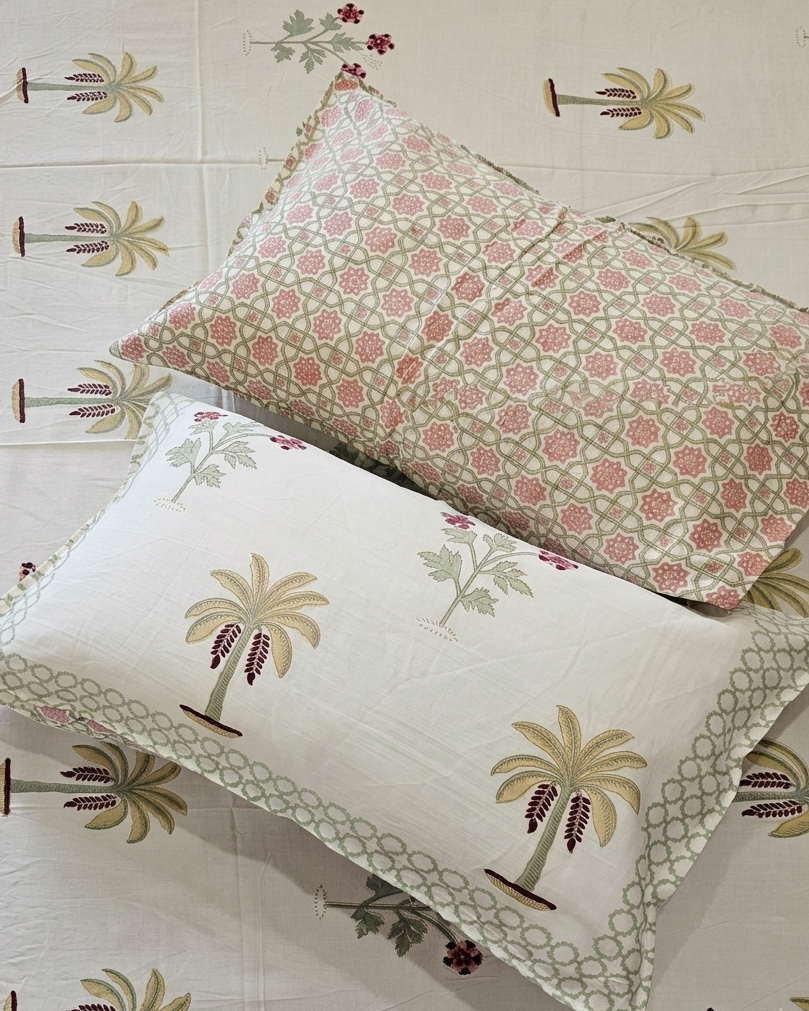Premium 108x108 Super King handblock-inspired cotton bedsheet with botanical palm tree design and matching pillow covers