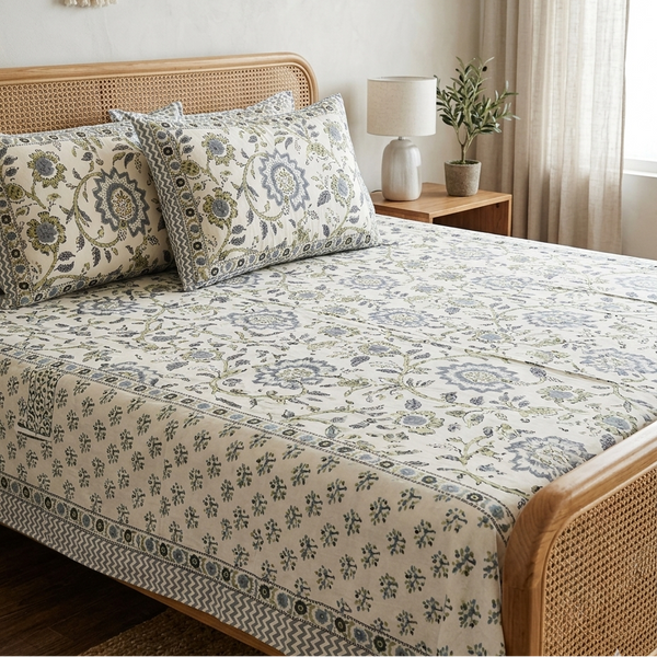 King size everyday cotton bedsheet featuring blue floral handblock look print