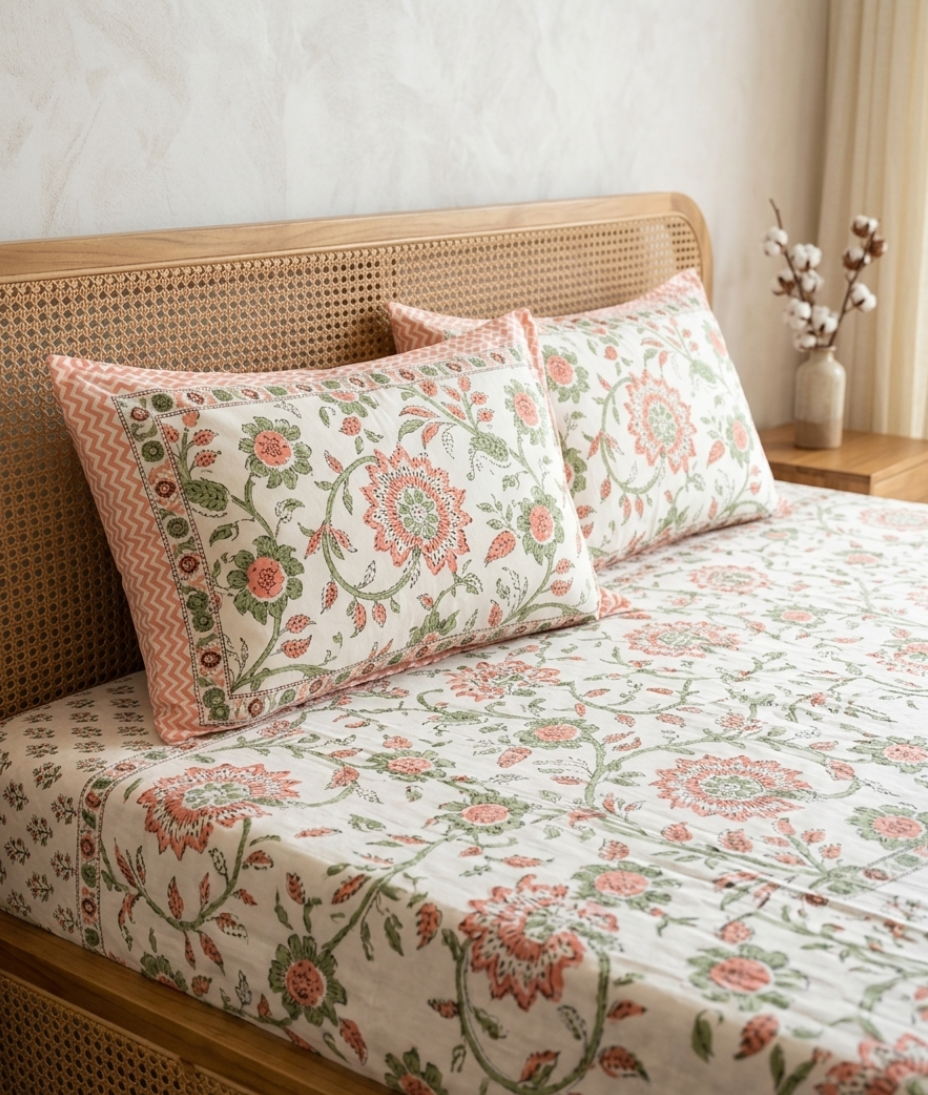 Soft cotton king bedsheet featuring handblock look floral print with matching pillow covers in pink and green