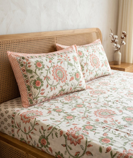 Soft cotton king bedsheet featuring handblock look floral print with matching pillow covers in pink and green