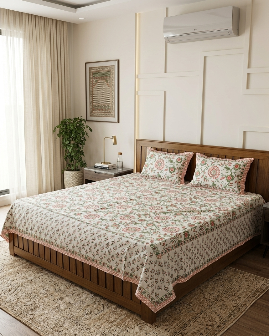 Bella handblock-inspired floral king size everyday cotton bedsheet in blush pink and sage green by Living With Arka