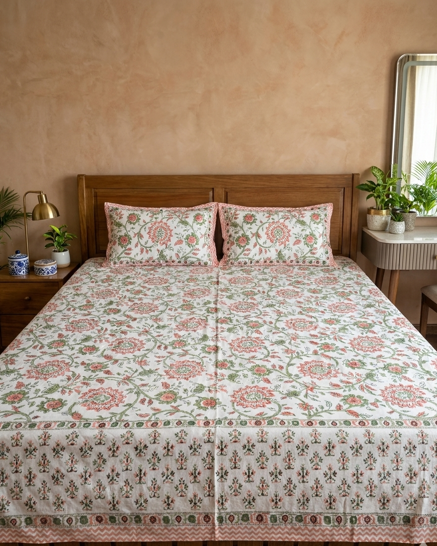 King size everyday cotton bedsheet with blush pink floral vines on an ivory base – Bella by Living With Arka