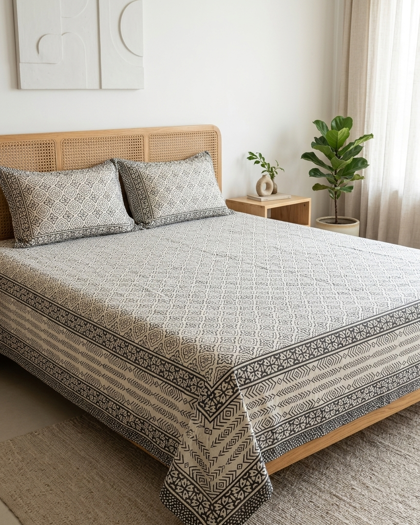 Chakori Black geometric handblock-inspired king size everyday cotton bedsheet by Living With Arka