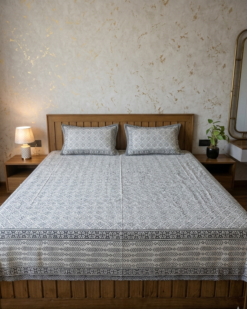 Black and ivory geometric cotton bedsheet with matching pillow covers for king size bed