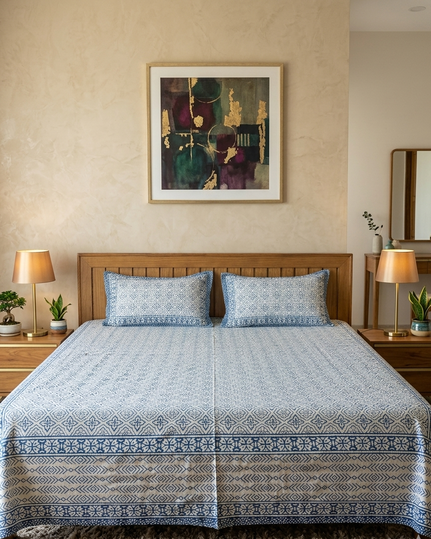 Blue and ivory geometric cotton bedsheet with matching pillow covers for king size bed