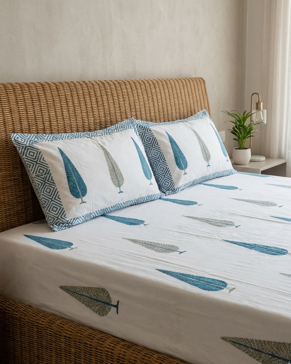 Close-up of Mallika Arka Luxe Cotton bedsheet showcasing blue and olive leaf motifs on a crisp white background