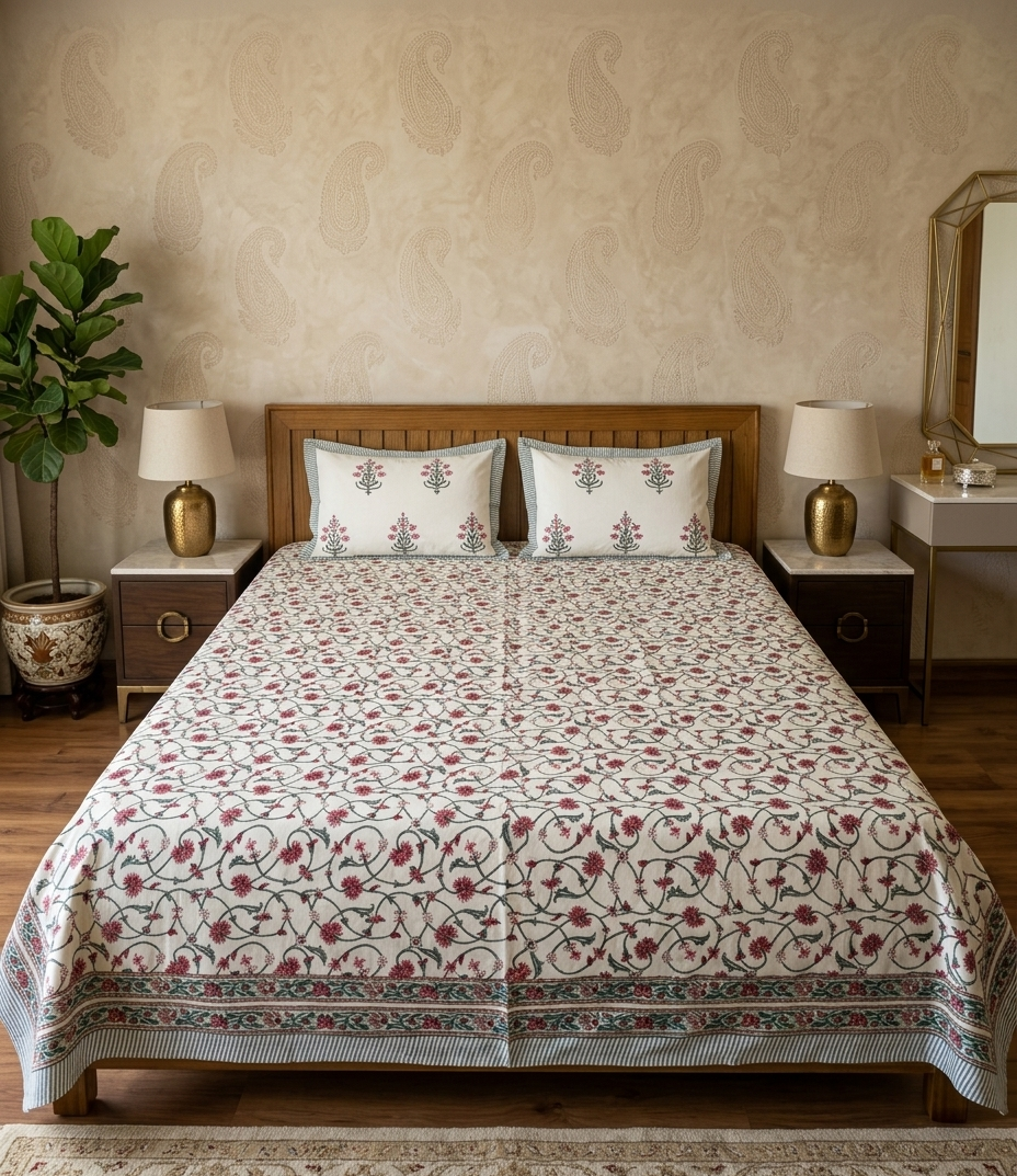 Fursat Arka Luxe Cotton king size bedsheet with red floral hand block print-inspired design on an ivory base, 108 × 108 inches.