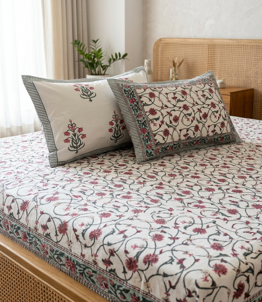 Matching pillow covers with red floral motifs and coordinating border from the Fursat Arka Luxe Cotton bedsheet set.
