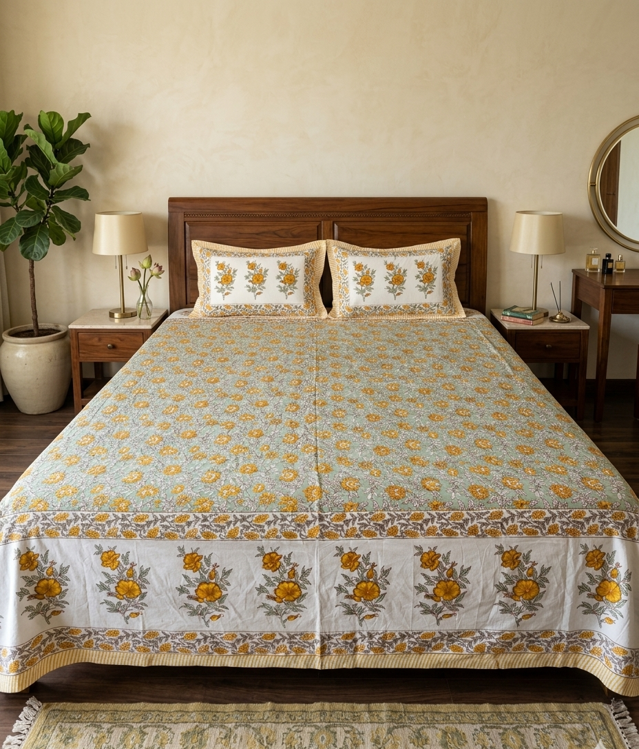 Bagiya - Green Sheet with Mustard Floral Jal