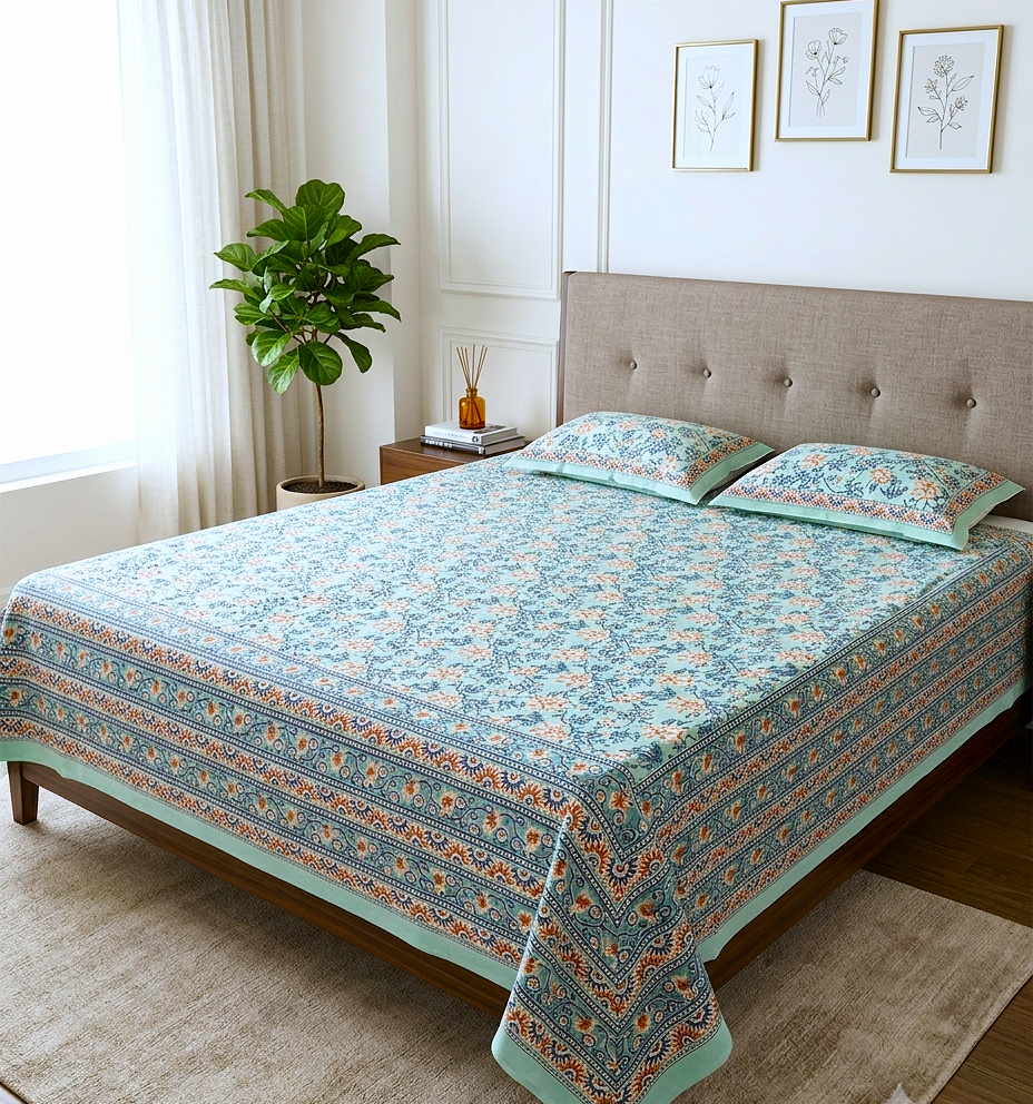 Mehak - AquaGreen with Coral Floral Jaal