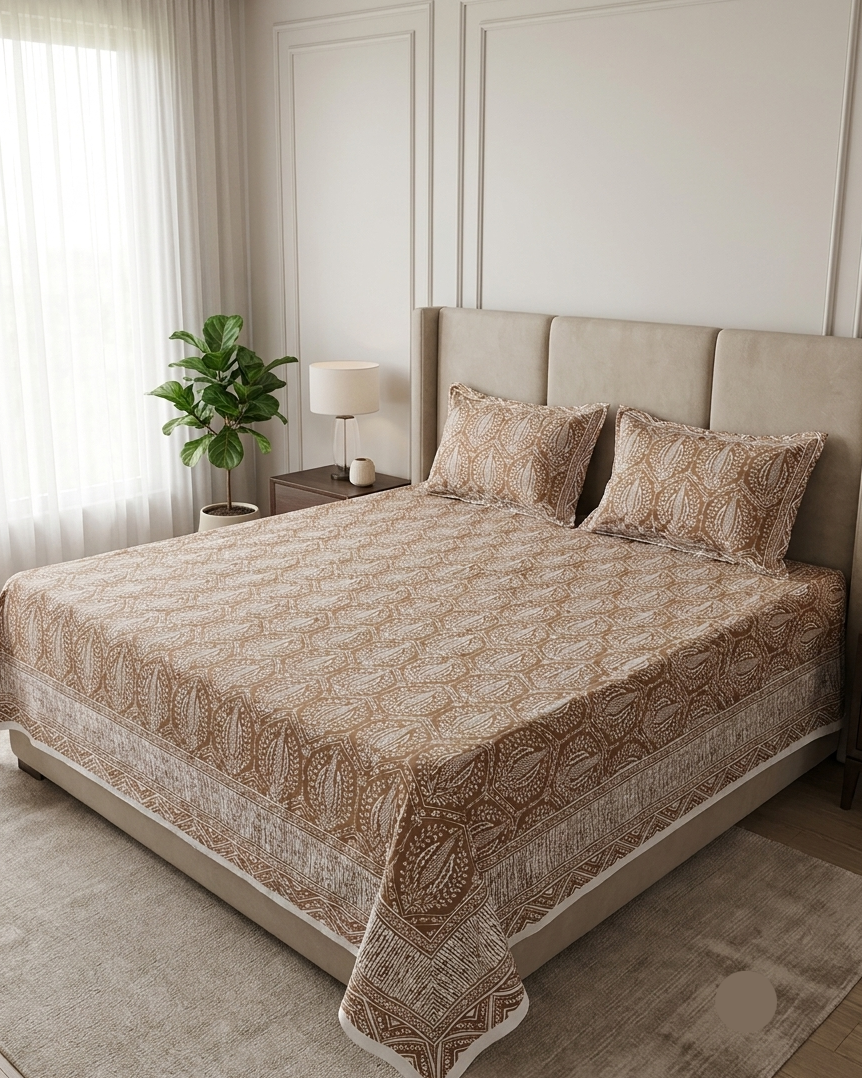 Beige patterned bedspread on a bed in a bedroom with a lamp and plant in the background.