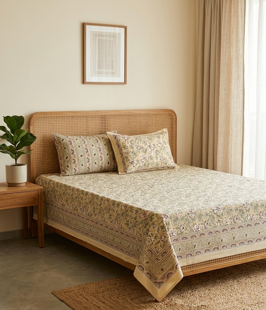 Mehak - Beige with Green Floral Jaal
