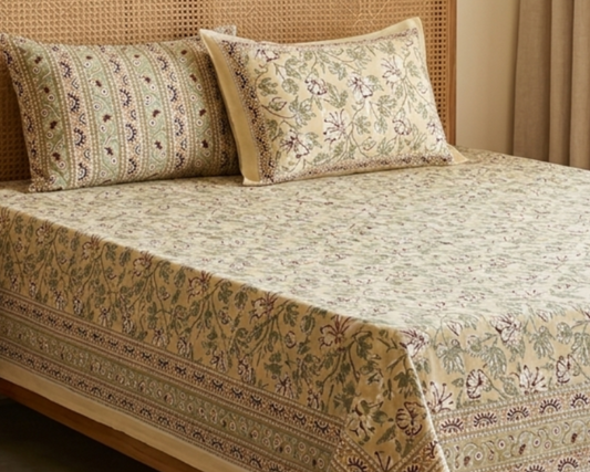 Mehak - Beige with Green Floral Jaal | Everyday Cotton Bedsheet