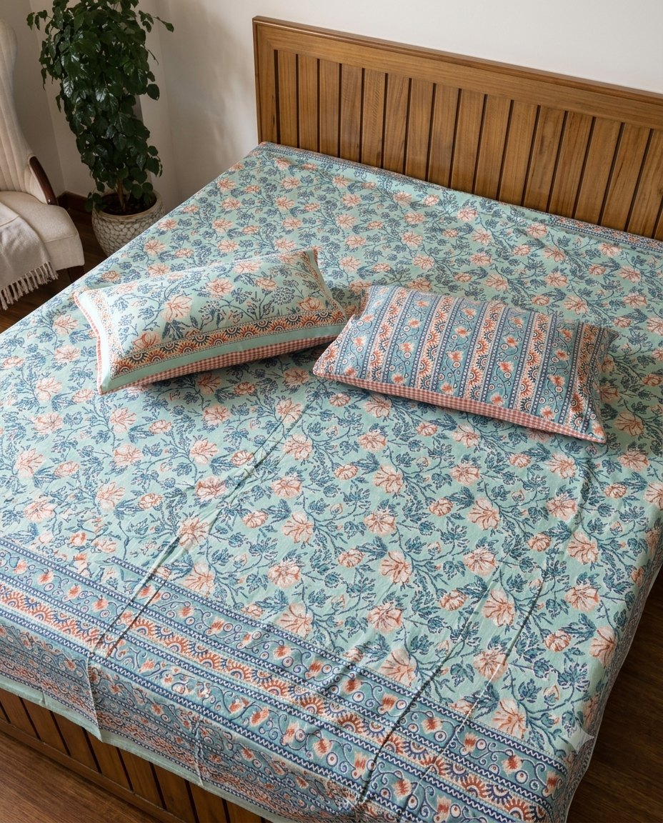 Mehak - AquaGreen with Coral Floral Jaal