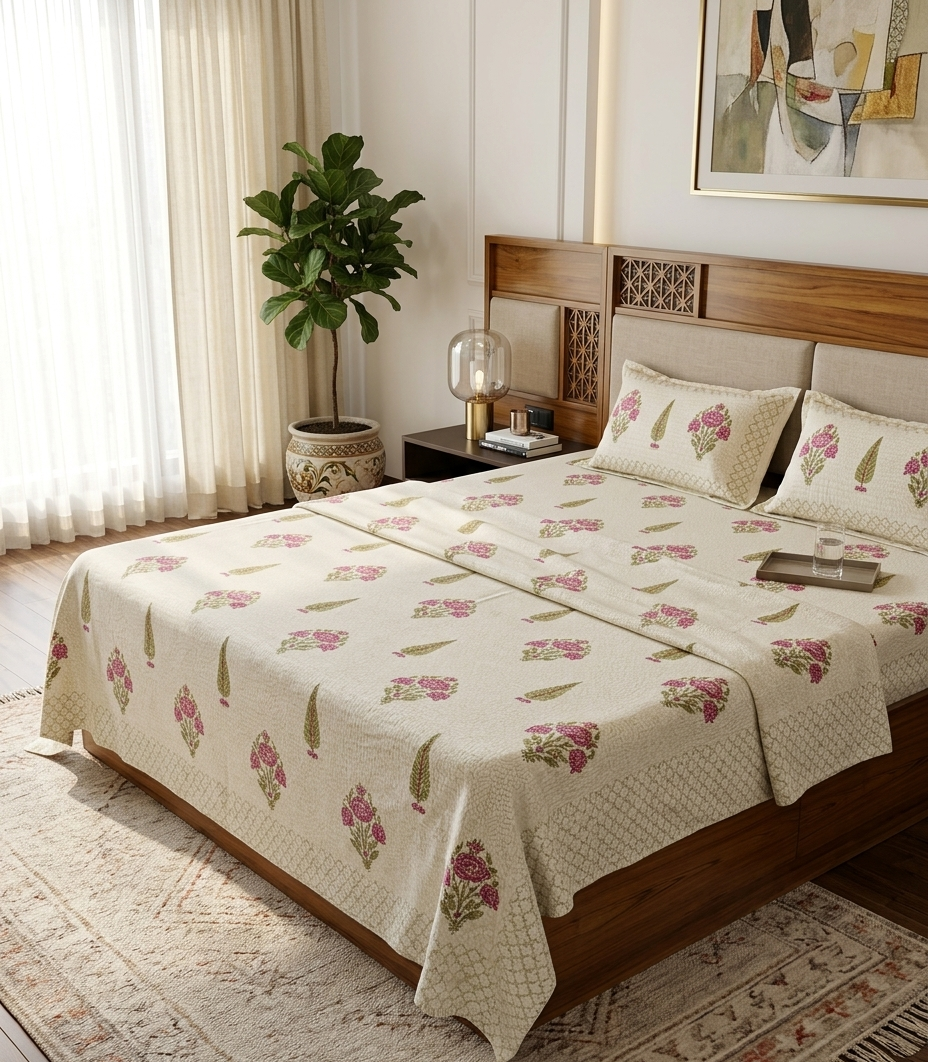 Roshan Gul - Pink Boota Bedcover