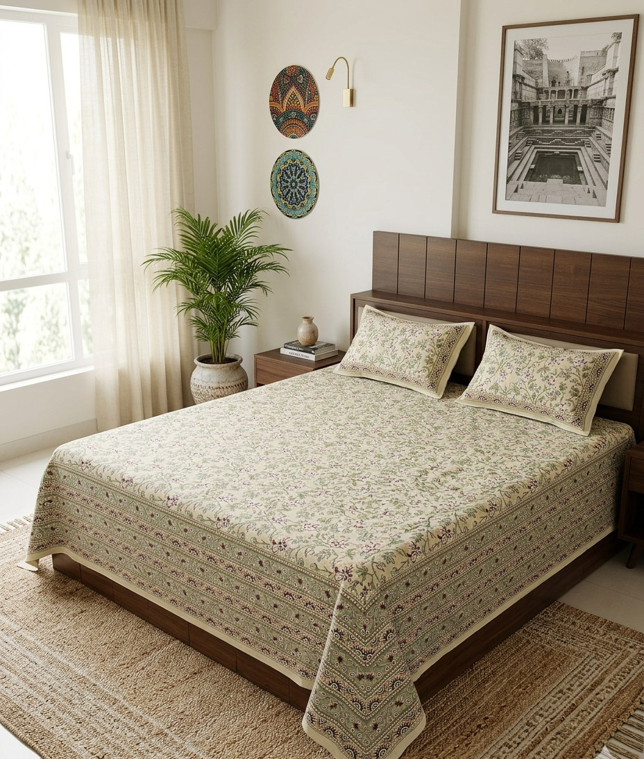 Bedroom with a bed covered in a patterned quilt, wooden headboard, and decorative elements.